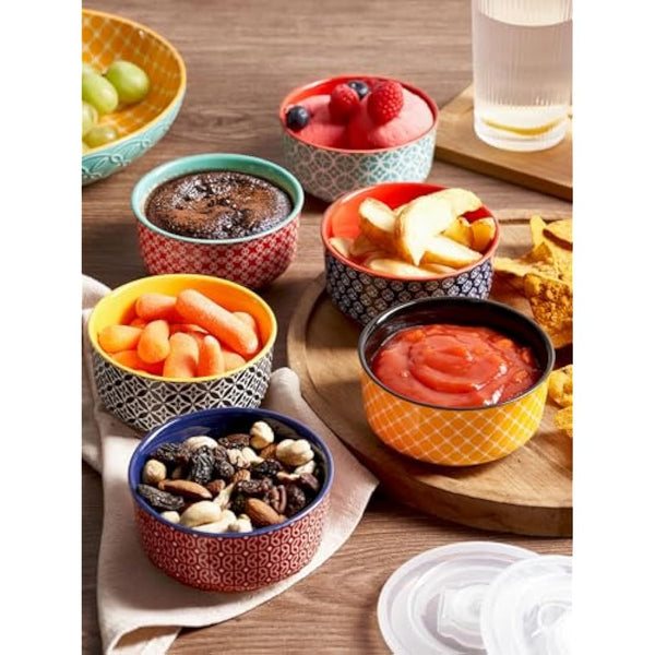 DOWAN Ramekins with Lids, 6 OZ Porcelain Ramekin Dishes for Creme Brulee Soufflé, Egg Mould, Muffin Cases, Mini Dip Bowl, Baking Bowl for Oven & Air Fryer, Vibrant Joy-Pack of 6