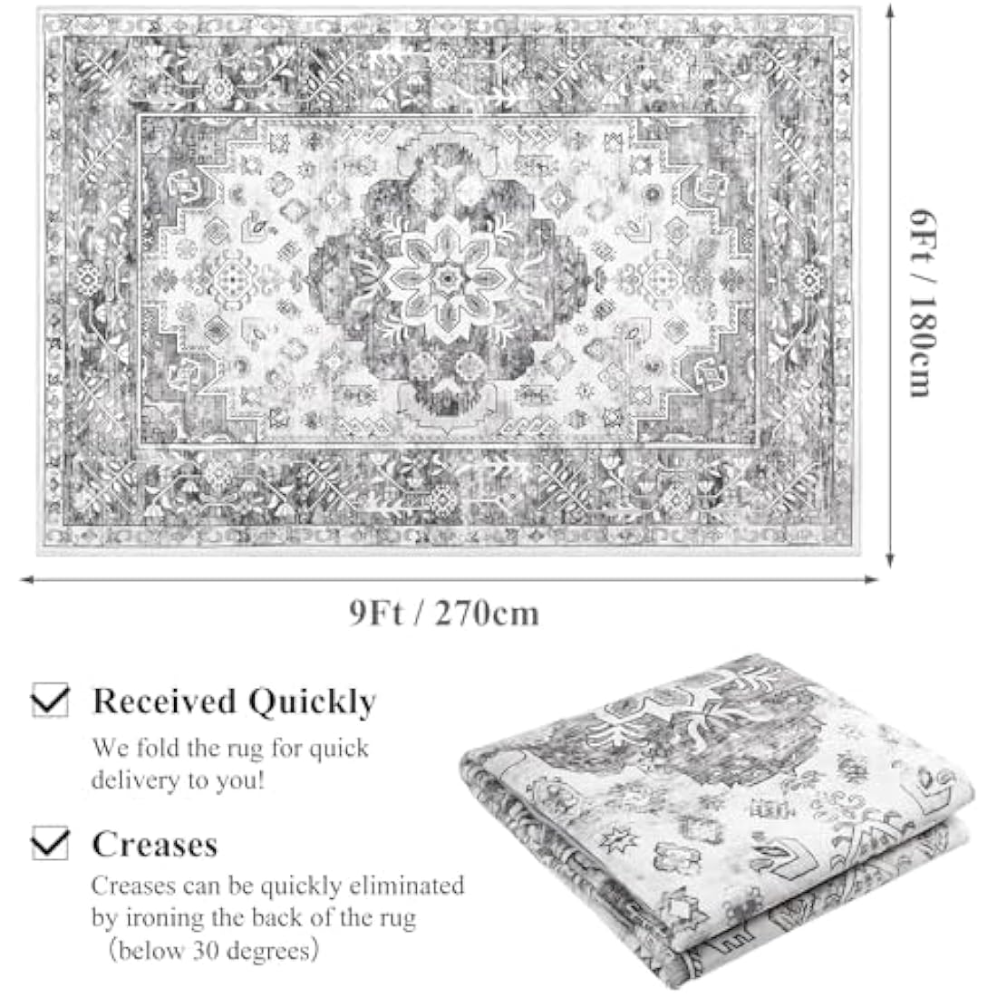 Enyhom Vintage Living Room Rug, 180 x 270cm Large Shaggy Soft Bedroom Area Carpet Rug Non Slip Short Pile Floor Mat Washable Distressed Kitchen Area Rug for Dining Room, Vintage Grey