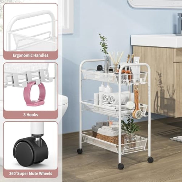 APEXCHASER 3-Tier Rolling Cart,Easy Assemble Mobile Storage Trolley On Wheels,Slide Out Utility Cart Shelving Units Kitchen Bathroom Laundry Room,White