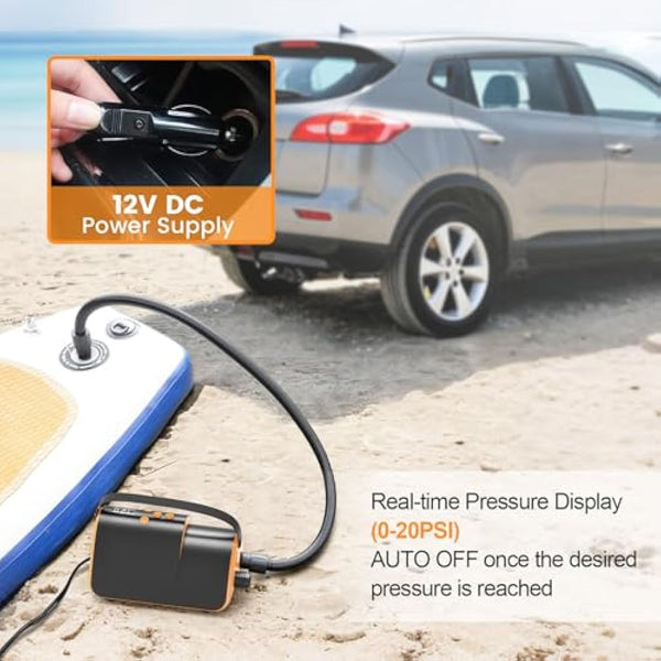 Accwork 20PSI Electric SUP Air Pump, Paddle Board Pump with Inflation & Deflation, Auto-Off, 12V DC Car Connector, 7 nozzles for Inflatable Sup Boards, Boats, Mattress