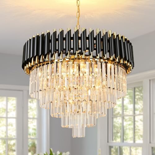 AOOCHOK Black and Gold Crystal Chandelier Pendant Light, Round Modern Crystal Chandelier for Dining Room, Living Room, Bedroom, Restaurant, E14 x 8, Φ60cm