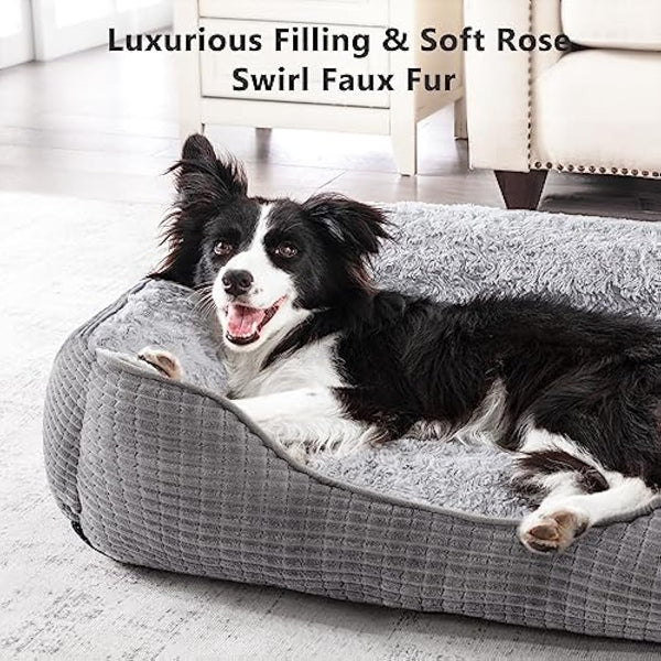 JOEJOY Extra Extra Large Dog Bed Washable Pet Bed, Rose Velvet Dog Bed Low Front Edge Cat Bed Non-Slip Bottom Puppy Bed, Orthopedic Calming Pet Bed For Labrador, Golden Retriever, Grey, 107x76x25 cm