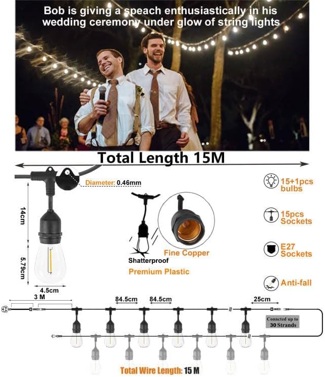 Meidaoduo 15M Festoon Lights Outdoor IP65 50FT Outdoor String Lights with 15+1 Shatterproof Bulbs 2700K for Patio Pergola Gazebo Backyard Fence Garden Lights Linkable