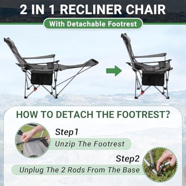 #WEJOY Camping Chairs Folding Recliner Chair Adjustable with Detachable Footrest Headrest Cup Holder Lightweight Portable Reclining Camp Chair Fold Up Chair for Outdoor Beach Garden,Grey black