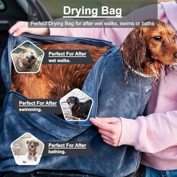 Henry Wag Dog Drying Bag - Soft & Highly Absorbent Microfibre, Muddy Pet Accessories, Quick Drying - Designed for Dogs - L (100 x 75 x 54cm)
