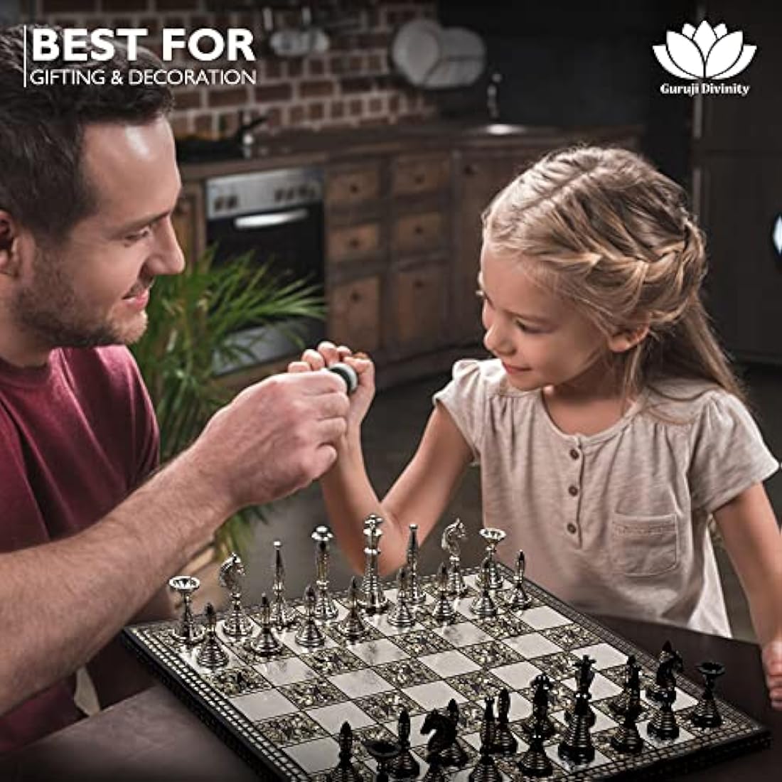 Guruji Divinity Collectible Tribal Warli Art Brass Chess Set in Leather Storage Box. (12 X 12 in)