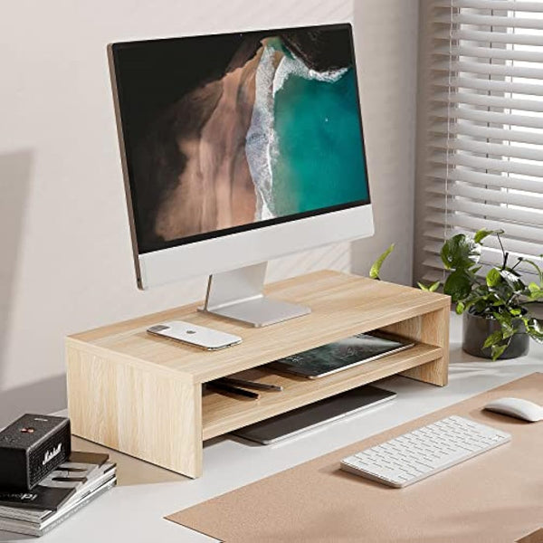 FITUEYES Monitor Stand 2 Tiers Computer Monitor Riser,54cm Wood Desktop Stand for Laptop Computer Screen Riser, with Storage Shelf, Office Supplies, Desk Organizer, Oak