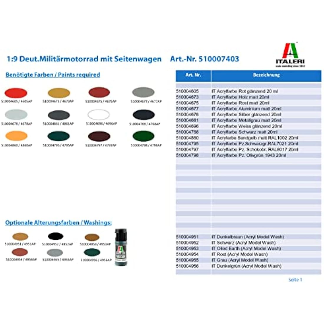 Italeri 7403 German Military Motorcycle with Side car, Scale 1:9. Plastic Model Kit