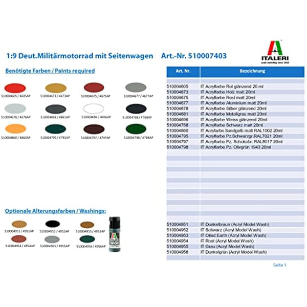 Italeri 7403 German Military Motorcycle with Side car, Scale 1:9. Plastic Model Kit