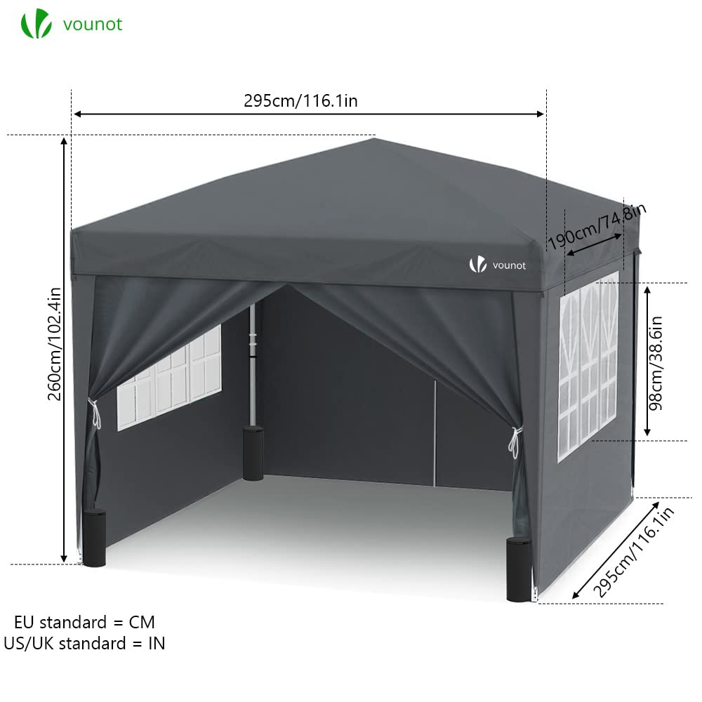 VOUNOT 3m x 3m Pop Up Gazebo with Sides & 4 Weight Bags & Carry Bag, Marquee Garden Party Tent Outdoor, Grey