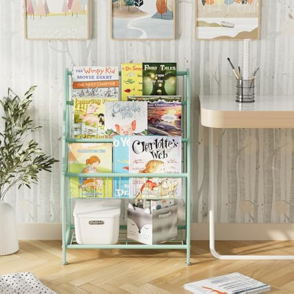 Huhote Children Kids Bookshelf, Small Bookcase, Kids Book Rack, Book and Toy Storage Organizer Display Stands Shelf for Small Place Living Room Study Children's Room (Green)