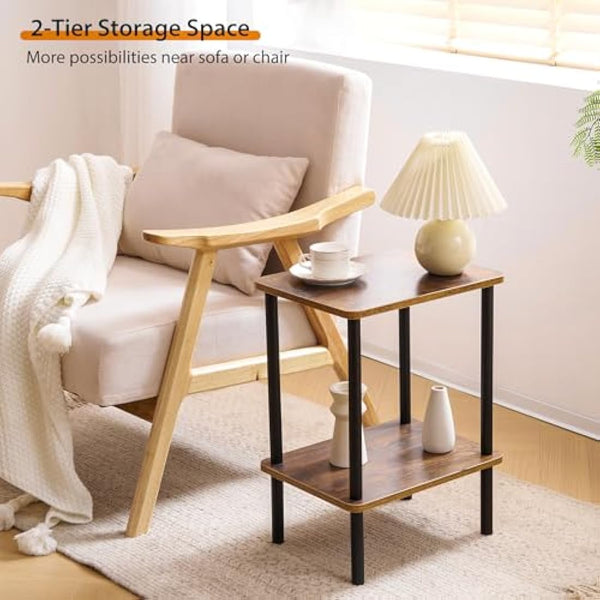 APICIZON 2 Tier Side Table, Narrow End Table with Storage Shelf, Bedside Table Nightstand for Small Spaces, Bedroom, Living Room, Entryway, Farmhouse, No-Tool Assembly, Rustic Brown