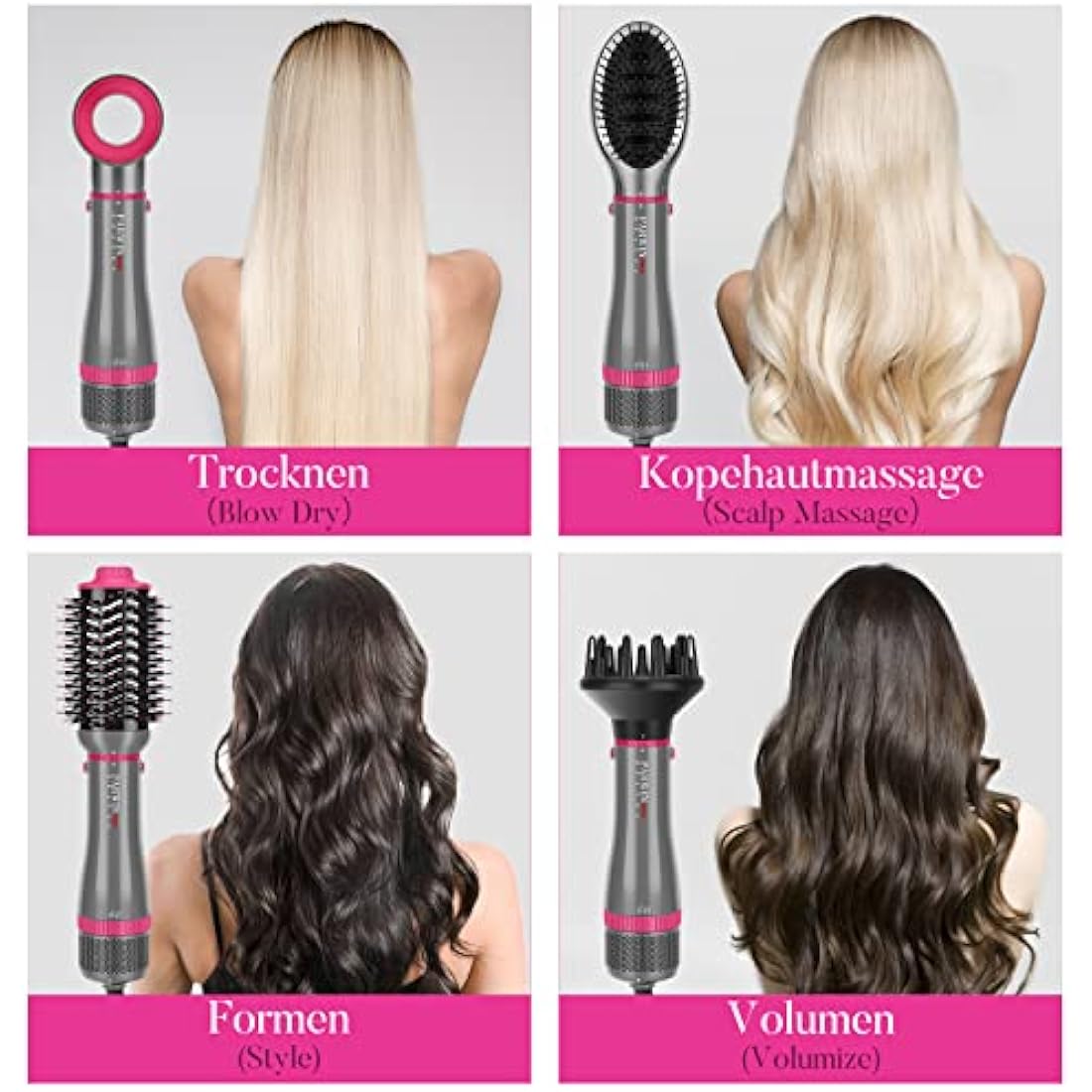 4 in 1 Hair Dryer Brush Set, Multi Air Styler with 4 Attachments as Hairdryer, Hot Air Brush, Hair Diffuser, Hot Brush for Hair Styling, Ionic Care Frizz-Free, Gray