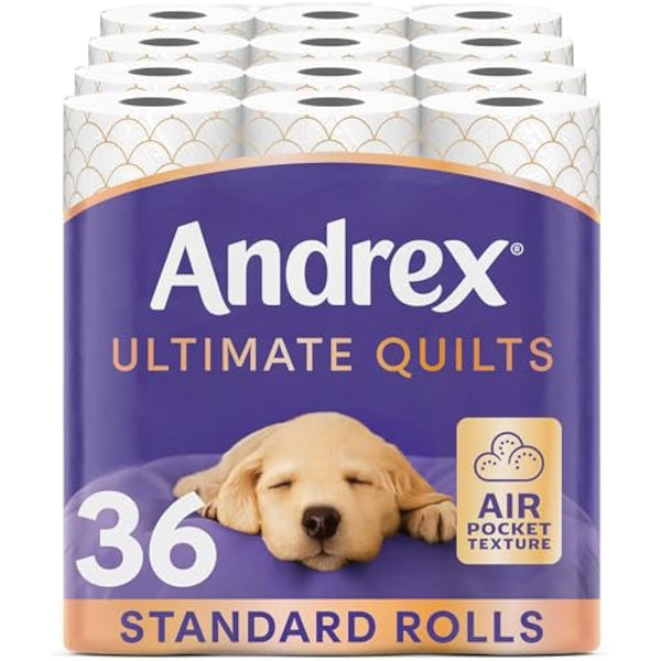 Andrex Ultimate Quilts Toilet Tissue 36 Rolls, Air Pocket Technology for Soft, Thick Sheets - Bulk Pack of 36 Quilted Toilet Rolls, FSC Certified