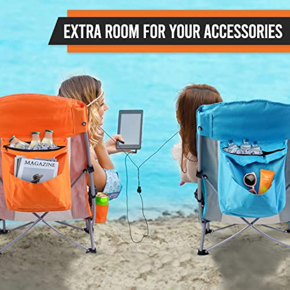 Nice C Beach Camping Chair, Folding Chair w/Cooler High Back, Ultralight Chair with Cup Holder & Carry Bag Compact & Heavy Duty Outdoor, Camping, BBQ, Beach, Travel, Picnic, Festival (1 Of Orange)