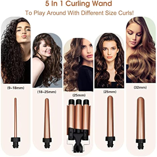 janelove Hair Curler, Curling Wand, with 3 Barrel Hair Waver, from 19 mm to 25mm Waver Curling Wand, LCD Display /180-450°F Temp Adjustment (Gold)