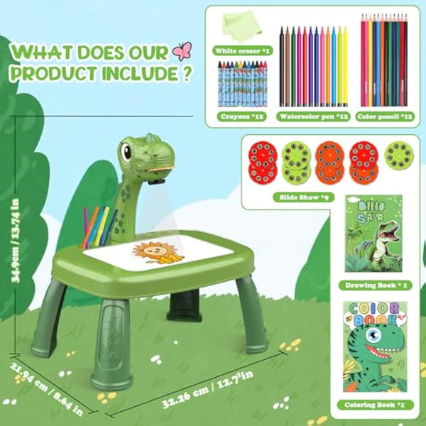 Dinosaur Drawing Projector Table with 72 Patterns Drawing Board Kids Art Tables with Pens,Pencils,Crayons,Scrapbook,Sticker Book,Unicorn Stickers,Stamps （12.6 * 9.5 * 14.5 inches）