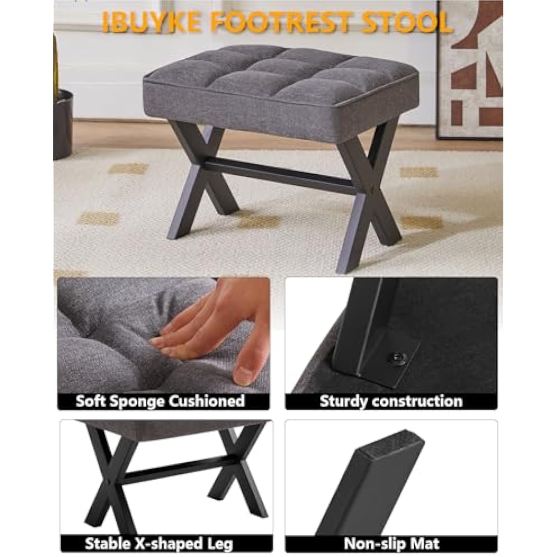 IBUYKE Small 12" H Footrest Stool, Square Linen Foot Stool with Metal X-Leg, Multi-Use as Small Side Table, Step Stool for Living Room, Bedroom, Entryway, Office, Dark Gray WBD011G
