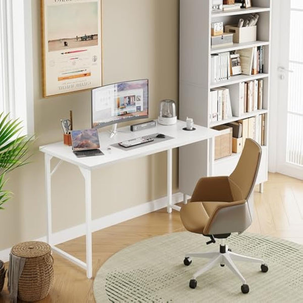 Grandder 100 cm Computer Desk, Small Home Office Desk Study Writing Kid Table, Simple PC Work Desk, Adjustable Feet, White