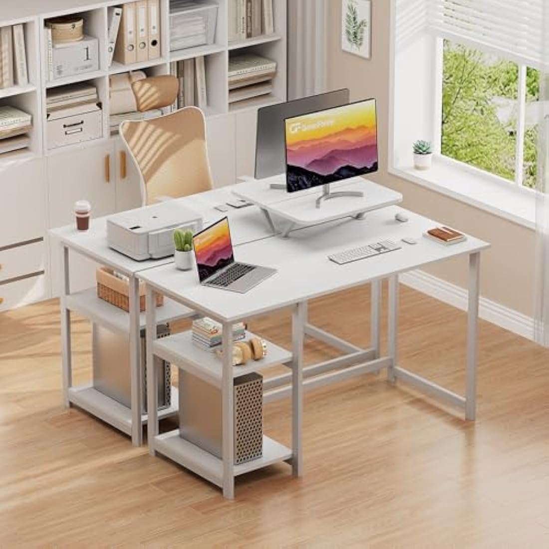 GreenForest Computer Desk with Monitor Stand,100cm Home Office Desk with Reversible Storage Shelves,Study Desk for Small Spaces,Full White
