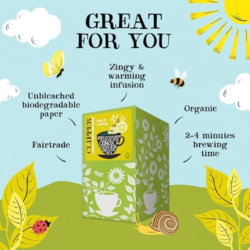 Clipper Organic Lemon & Ginger Tea Bags | 250 Individually Wrapped Teabags | Bulk Buy, Home & Catering | Caffeine-Free Herbal Tea Bags | Eco-Conscious, Natural, Unbleached & Biodegradable