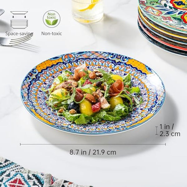HENXFEN LEAD Salad Plate Porcelain, 21 cm Colourful Dessert Plates Ceramic Breakfast Plates, 6 Pieces Small Round Plate Set with Pattern and Colourful - Bohemian Style