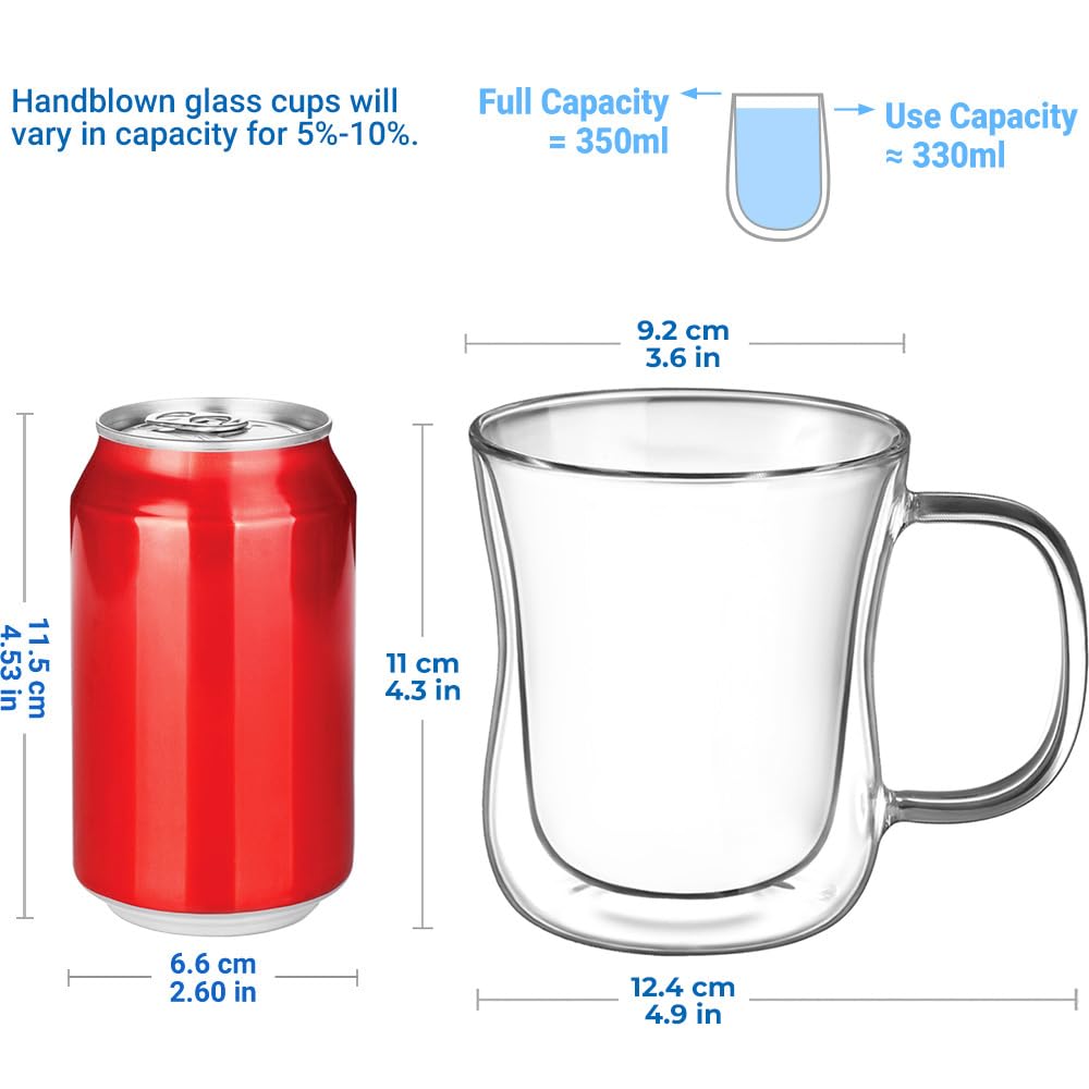 ecooe 6x350ml Double Walled Coffee Glasses Mugs Cappuccino Latte Macchiato Glasses Cups with Handle Borosilicate Heat Resistant Glass Cups for Coffee