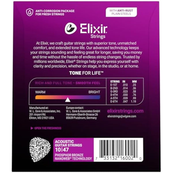 Elixir 16002 Strings Phosphor Bronze Acoustic Guitar Strings w NANOWEB Coating, Extra Light (.010-.047)