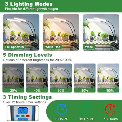 wolezek LED Grow Light Full Spectrum, 2 Pack Indoor Plant Light, 6000K/3000K/660nm 2-Head Plant Growing Lamp with Clip, Auto ON & Off 6/12/16H Timer, 3 Light Modes, 5-Level Dimmable, for Plant Growth