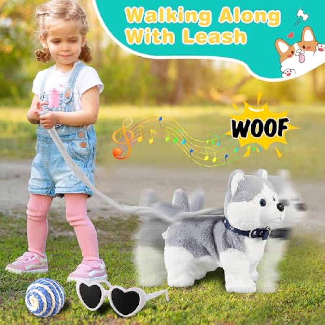 Marsjoy Husky Walking and Barking Puppy Dog Toy with Control Leash,Realistic Wagging Tail Robot Interactive Musical Dancing Animated Plush Stuffed Animal Electronic Pet for Kids Toddlers
