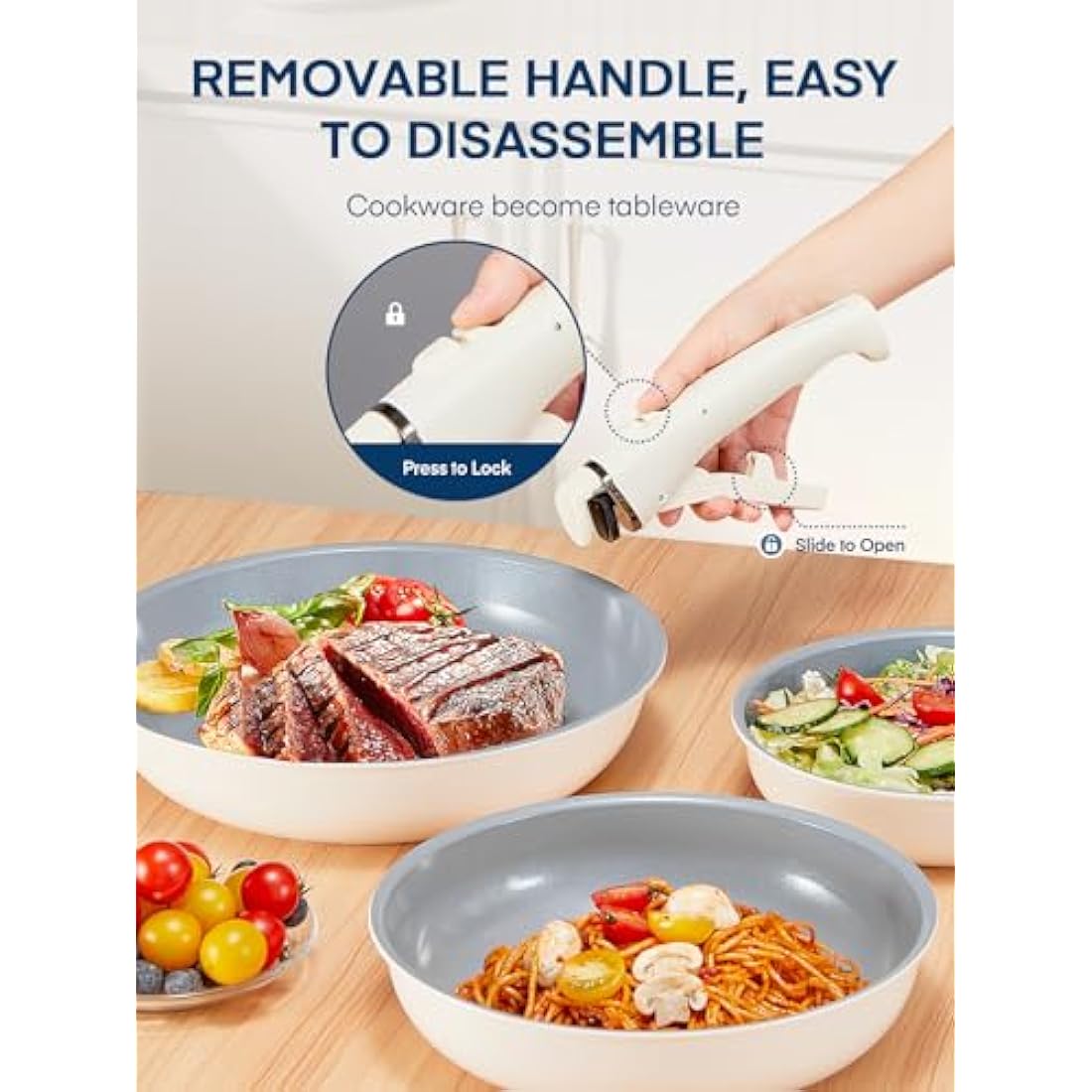 FOHERE Nonstick Frying Pan Set with Detachable Handle, 3PCS 20 24 28 CM CM Non Toxic Diamond Ceramic Pan, Oven Safe Skillets and Frying Pans, Compatible with All Stoves(Induction), Grey