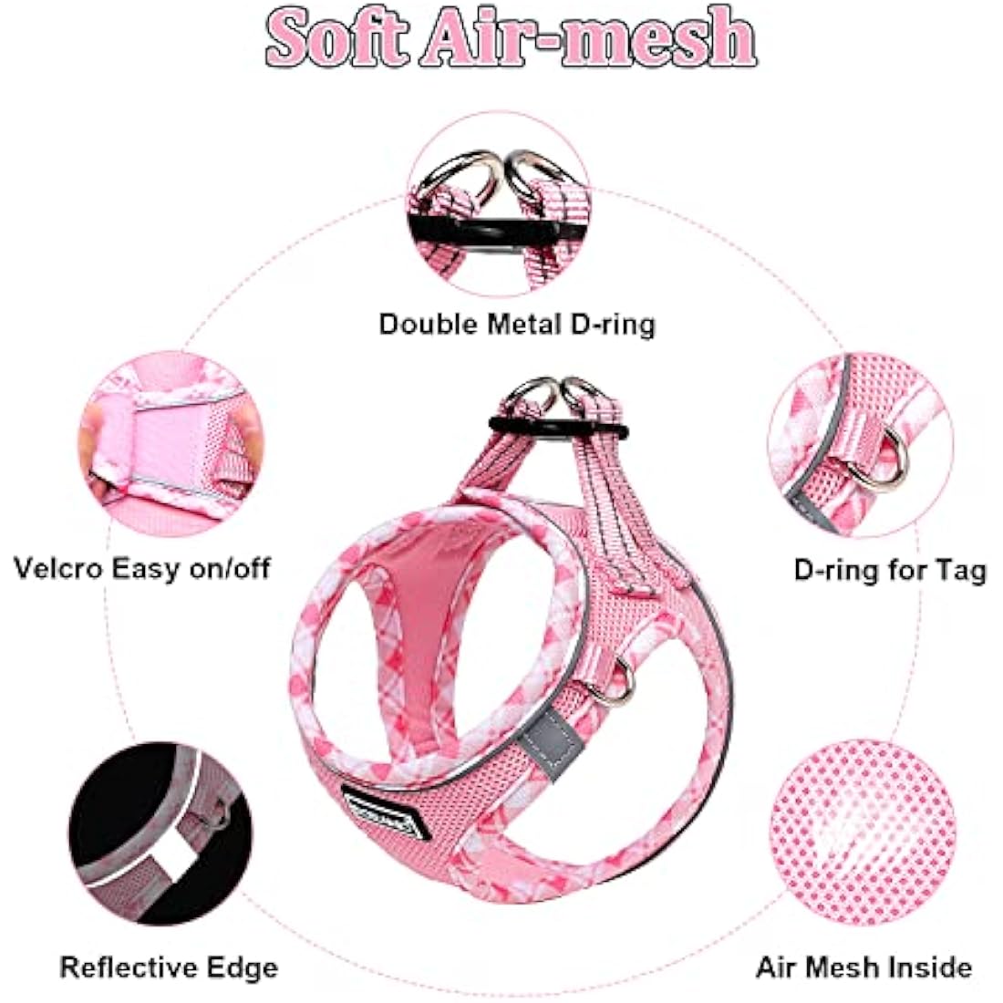 DORAMIO Step-in Dog Harness and Leash Set, Soft Mesh No-Chock Reflective Breathable Easy Walk Lightweight Vest Harnesses with Safety Buckle for Small Dogs, Cats, Puppies (Pink, XL)