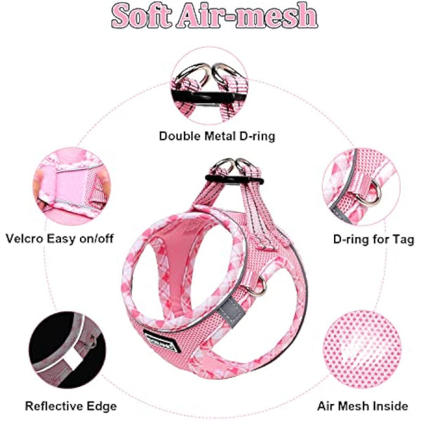 DORAMIO Step-in Dog Harness and Leash Set, Soft Mesh No-Chock Reflective Breathable Easy Walk Lightweight Vest Harnesses with Safety Buckle for Small Dogs, Cats, Puppies (Pink, XL)