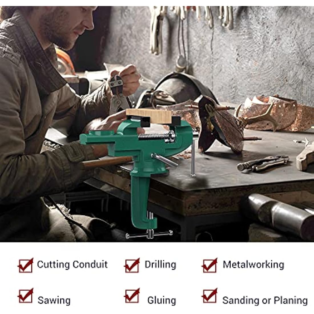 Nuovoware Table Vise 70mm, 360° Swivel Base Universal Home Vise Portable Bench Clamp, Clamp-on Vises Bench Clamps Fixed Tool for Woodworking,Metalworking,Cutting Conduit,Drilling,Sawing, Army Green