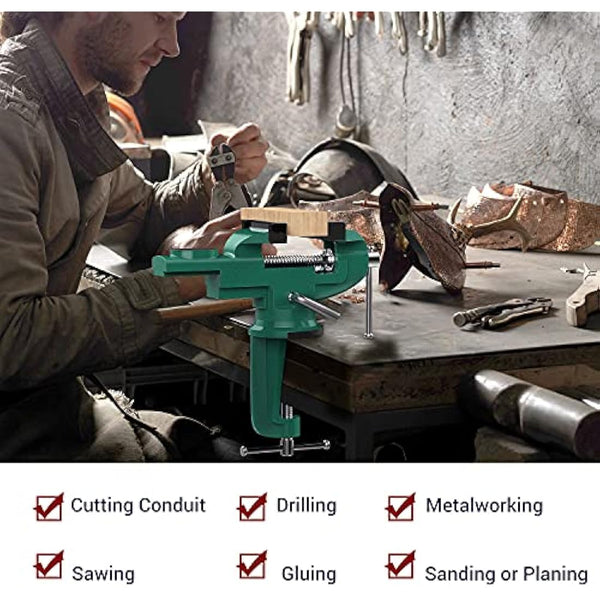 Nuovoware Table Vise 70mm, 360° Swivel Base Universal Home Vise Portable Bench Clamp, Clamp-on Vises Bench Clamps Fixed Tool for Woodworking,Metalworking,Cutting Conduit,Drilling,Sawing, Army Green