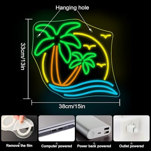 Horseneon Palm Tree Neon Sign Coconut Tree Neon Lights LED Light Sign USB Powered Neon Lights Sea Neon Signs for Bedroom Summer Beach Restaurant Man Cave Beer Cafe Bistro Club Party Decor