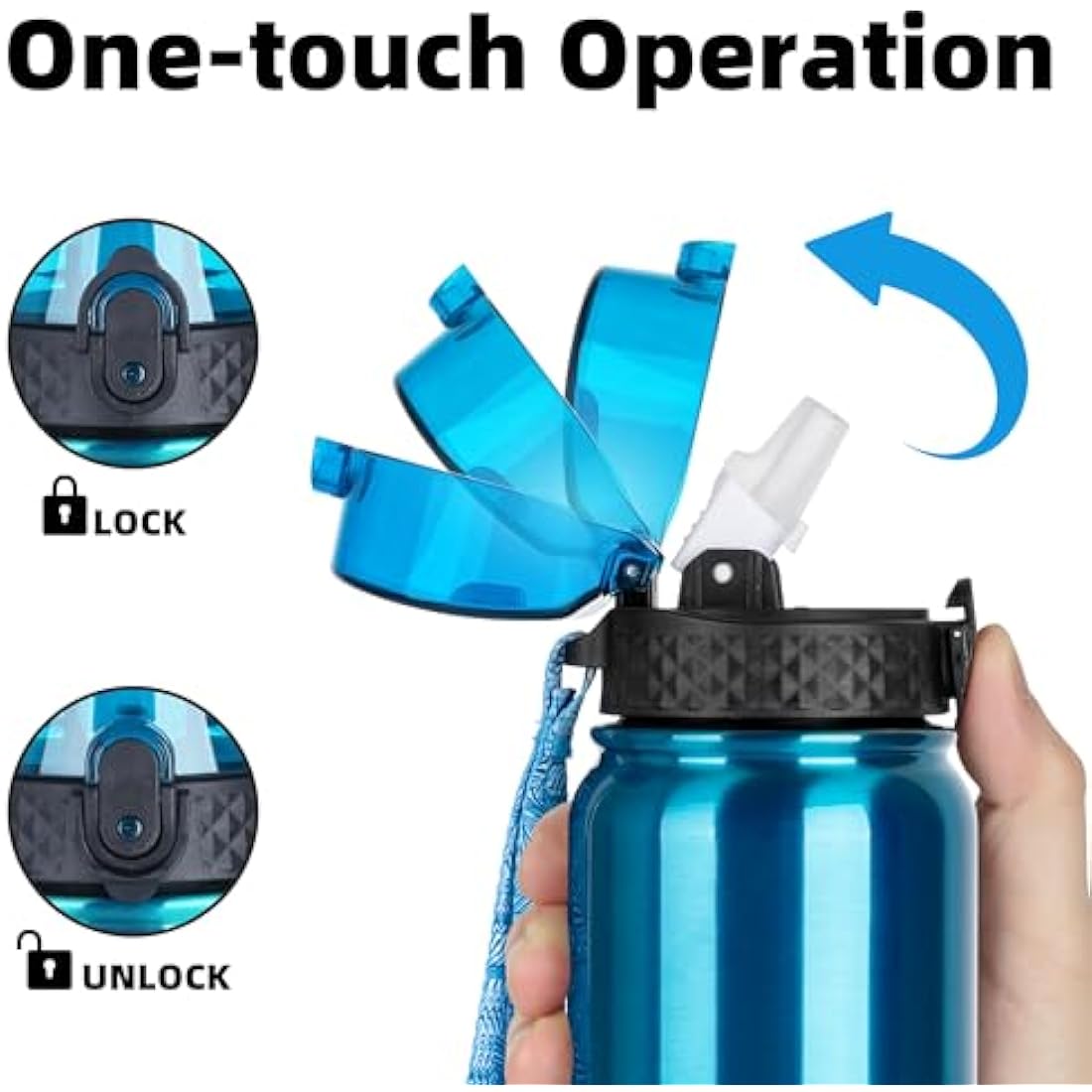 OLDLEY Stainless Steel Water Bottle with Straw 1L Vaccum Insulated Large Drink Flask Metal Water Bottles 1 Litre Leakproof Keep Drinks Hot Cold for Sports Travel Adult Women Men(Bright Blue, 1 Lid)