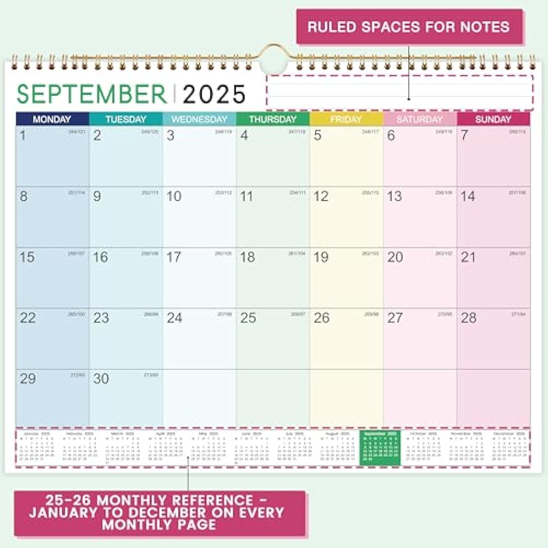 2025-2026 Calendar - Wall Calendar 2025-2026, 18 Month Calendar from Jul.25 - Dec. 26, 37 x 29 cm, Double Binding Hook, Large Mixed Color Right Angle Block