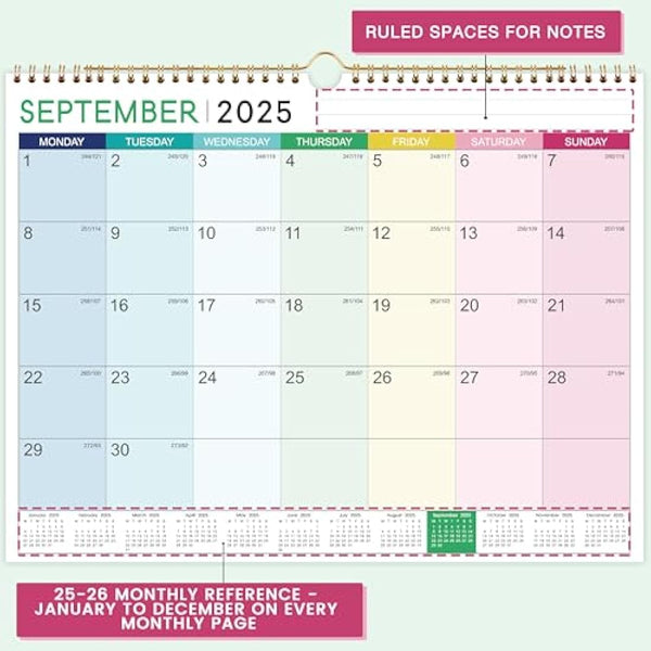 2025-2026 Calendar - Wall Calendar 2025-2026, 18 Month Calendar from Jul.25 - Dec. 26, 37 x 29 cm, Double Binding Hook, Large Mixed Color Right Angle Block