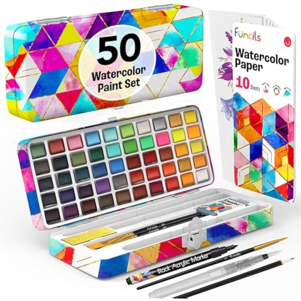 Funcils Watercolour Paint Set - Water Colour Paints Sets for Adults, Beginners | 50 Artist Quality Professional Watercolour Paints - Travel Watercolour Set, Painting Art Supplies, Kids Paint
