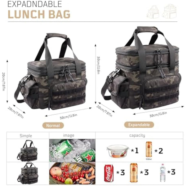 1TG Tactical Insulated Lunch Bag, Expandable Lunch Box for Men, Leakproof Large Cool Bag with Shoulder Stap, Reusable Lunch Tote Bag for Work Travel Camping Picnic Beach, 18L-24L
