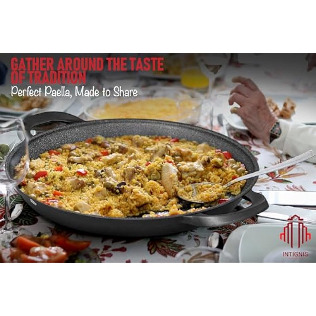 INTIGNIS Traditional Paella Pan 40cm – Non-Stick Induction | Heavy-Duty, Anti-Scratch, Stainless Steel Base | Paella+Pan for Gas, Electric & Ceramic Hobs Cookware | Paellera