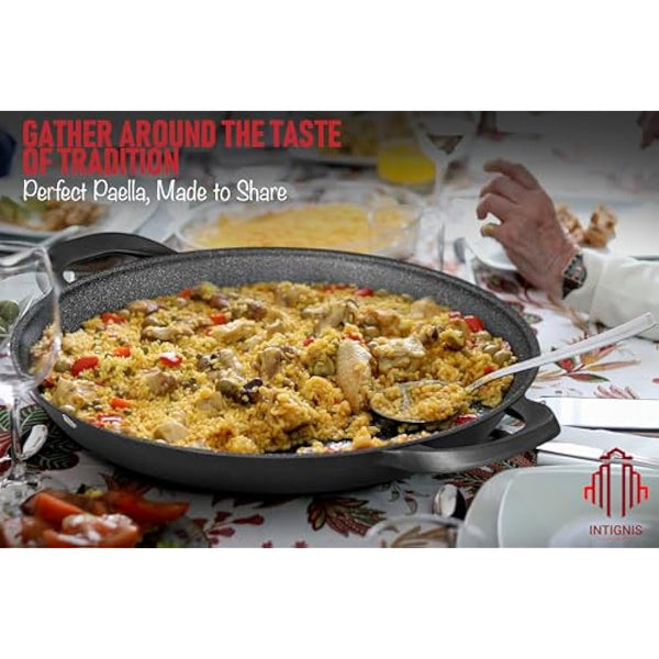 INTIGNIS Traditional Paella Pan 40cm – Non-Stick Induction | Heavy-Duty, Anti-Scratch, Stainless Steel Base | Paella+Pan for Gas, Electric & Ceramic Hobs Cookware | Paellera