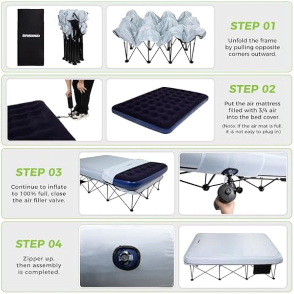FUNDANGO Camping Beds Double with Air Mattress Folding Camp Beds 2 Person with Mattress Camping Cot Portable Air Bed with Air Pump Side Table Sleeping Cot Guest Bed for Travel Fishing Picnic Indoor
