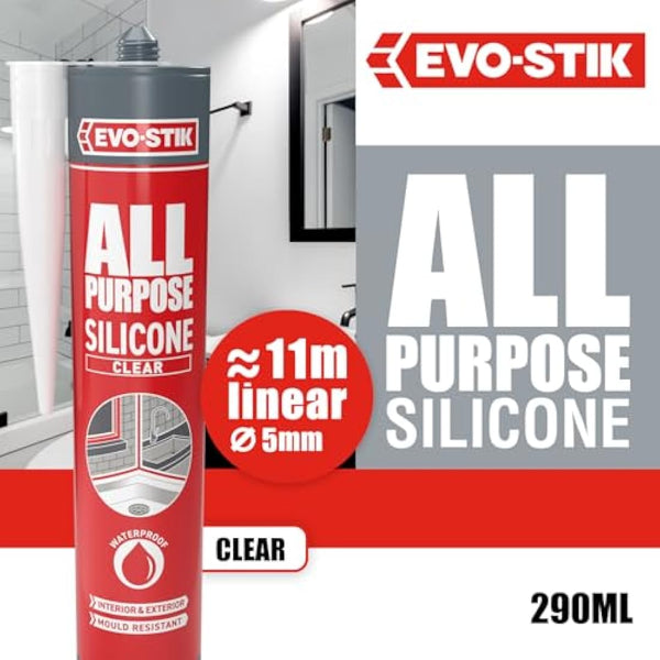 EVO-STIK All Purpose Clear Silicone Sealant – Shower and Bathroom Sealant, Anti Mould, Waterproof, Suitable for Interior and Exterior Use, 280ml