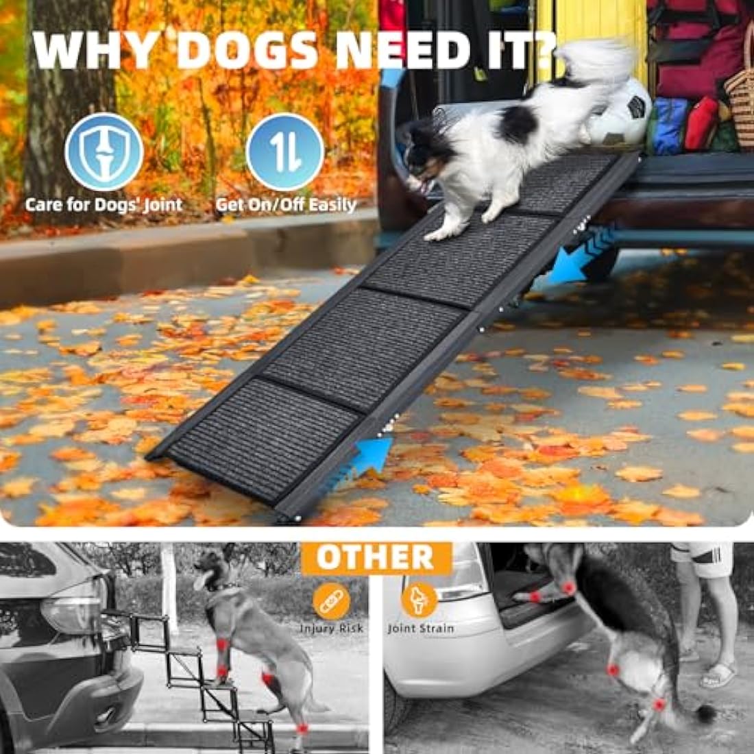 Papettly Folding Dog Ramp - 158 * 44CM, Anti-Slip Surface, Portable Pet Stair Ramp for Large Dogs Up to 250LBS/113KG, Suitable for Cars, SUVs & Trucks