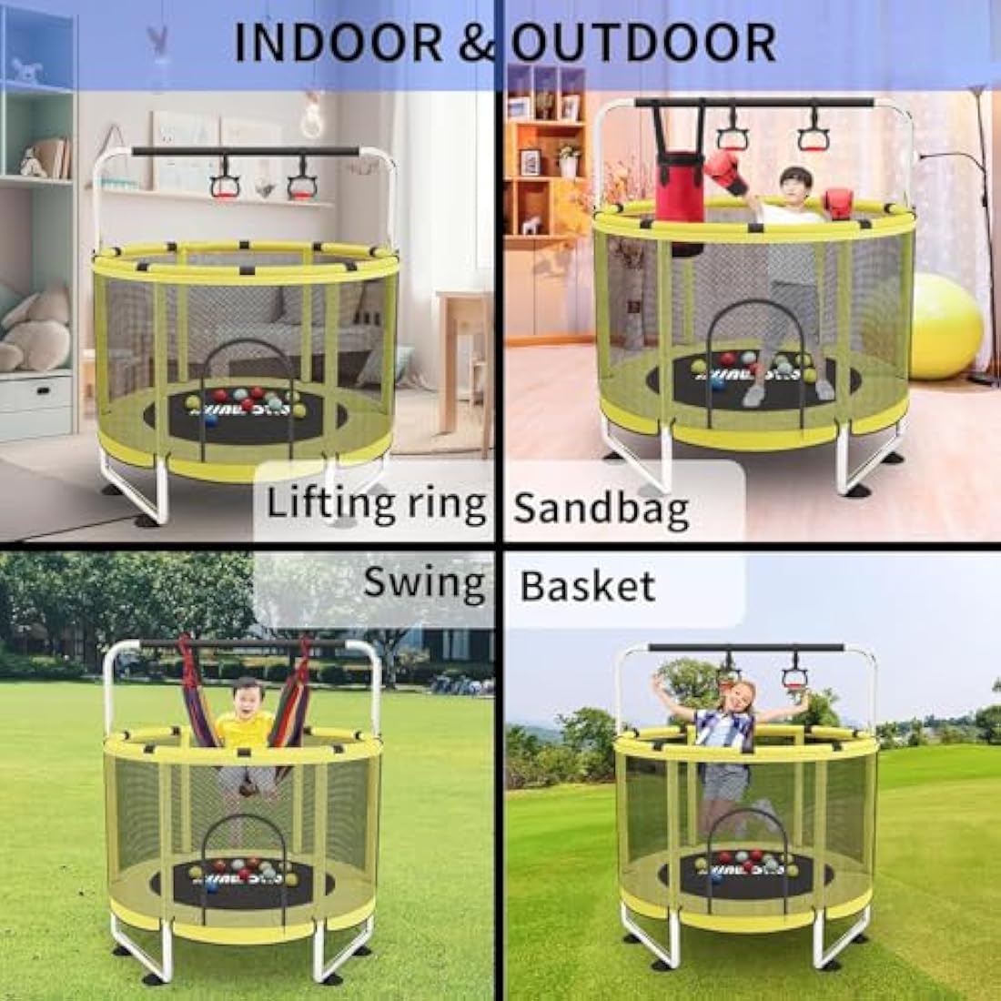 Trampoline for Kids, Adjustable Baby Toddler Trampoline with Basketball Hoop, 220lbs Indoor Outdoor Toddler Trampoline with Enclosure