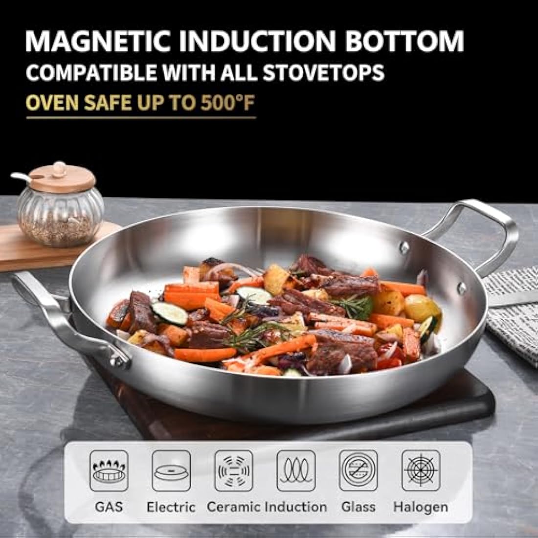 Inqibee 30 CM Tri-Ply Stainless Steel Paella Pan with Lid,Induction Cooking Frying Pan,Even Heating and Oven Safe