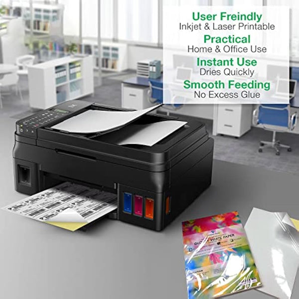 Evergreen Goods 500 Sheets A4 White Glossy Self Adhesive Sticky Back Label Printable Sticker Paper | Inkjet & Laser Printing