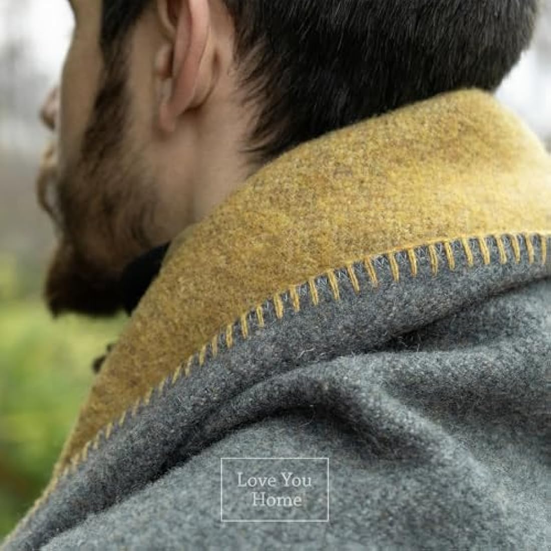 LYHome Travel Blanket - Extra Warm Picnic Throw, Bed Camping Outdoor Wool Blankets, Cozy Soft Throws, Military Army and Garden Outside Use (59x84 in | 150x215 cm | Gray - Mustard Double-sided)